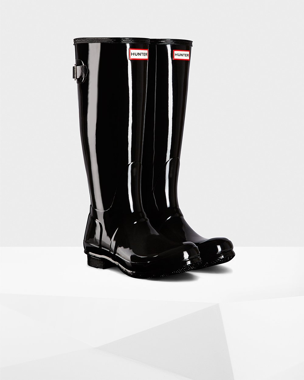 Womens Tall Rain Boots - Hunter Original Back Adjustable Gloss (64ZJSTHAK) - Black